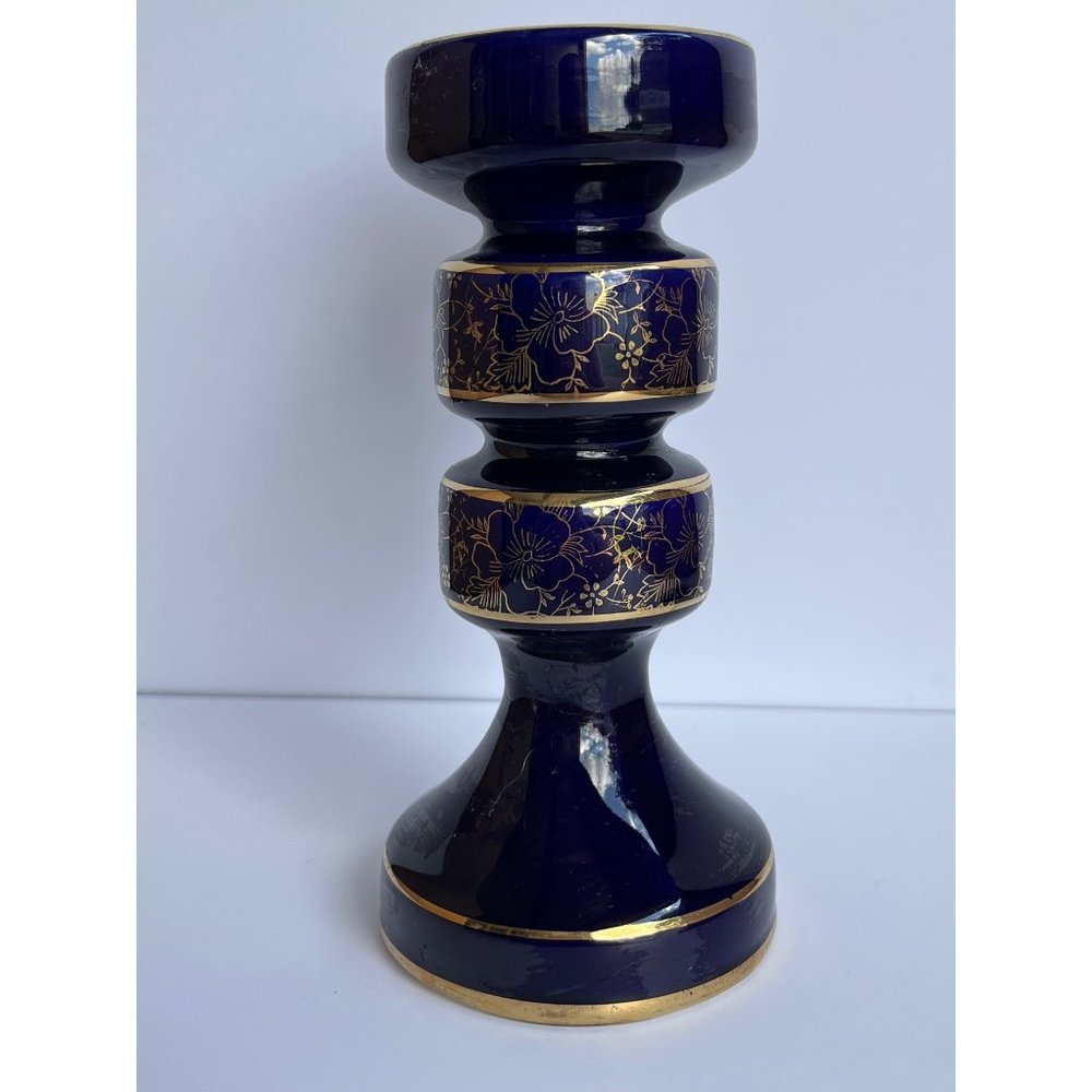 Handarbeit Cobalt Kobart Echt Candle Stick Gold Trim Flowers Floral Repairs
